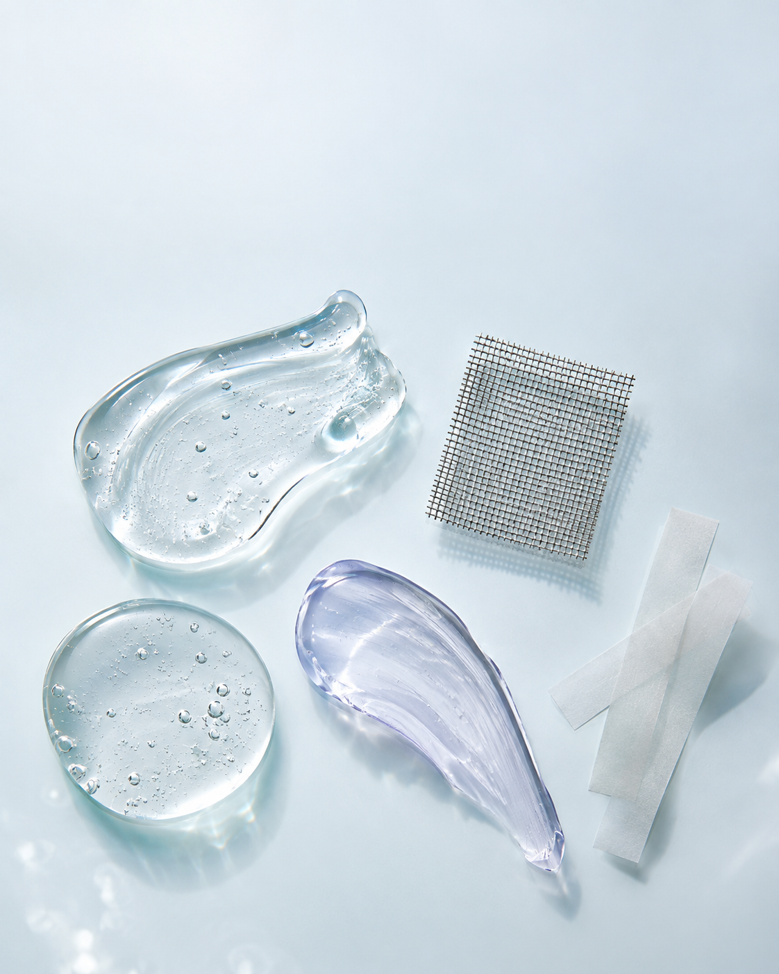 Clear gel samples, silver mesh, and blank vellum on cool glass